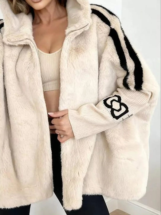 Women's Oversized Hooded Faux Fur Jacket with Striped Trim, S To 2xl