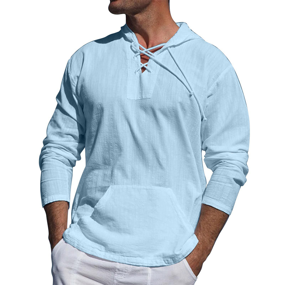 Men's Lightweight Casual Pullover - Lace-Up V Neck, Linen Blend