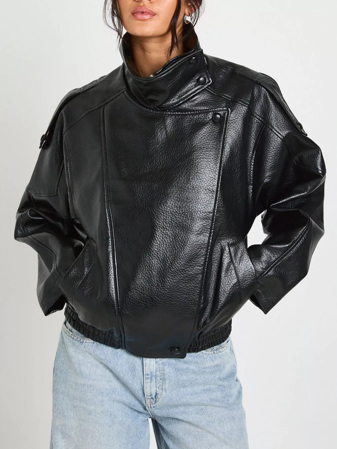 Casaco de motociclista em imitação de pele para senhora, com fecho assimétrico, tamanhos S-2XL