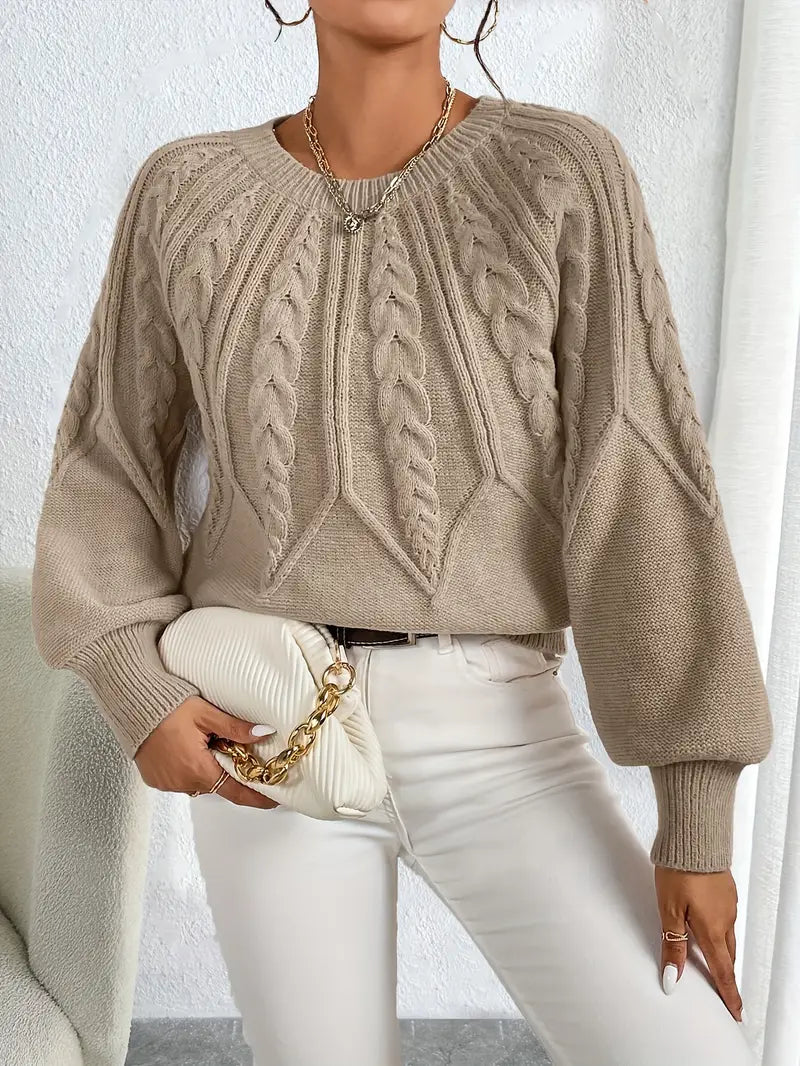 Women's Knitted Sweater with Cable Pattern and Balloon Sleeves