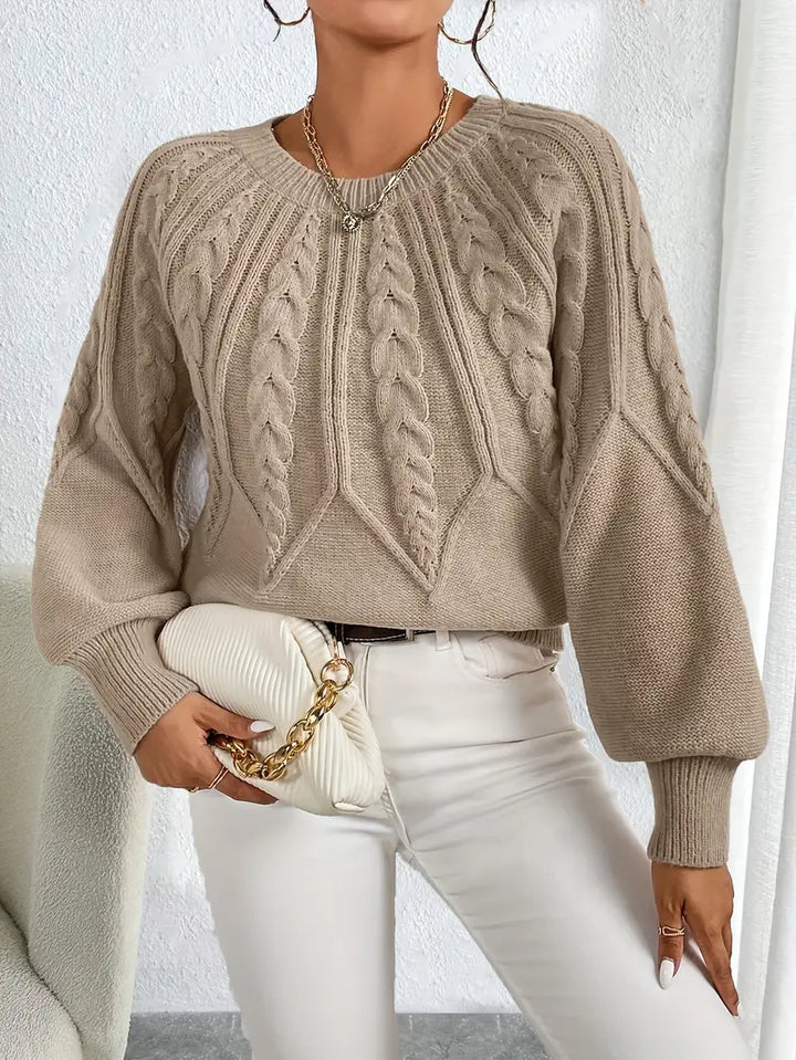 Women's Knitted Sweater with Cable Pattern and Balloon Sleeves