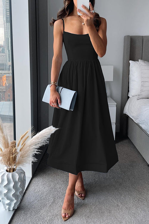 Women's A-Line Midi Dress with Spaghetti Straps and Defined Waist-The Yellow Prime
