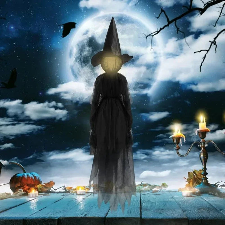 Halloween-lysende heksefigurer med lydsensorer og flakkende hoveder