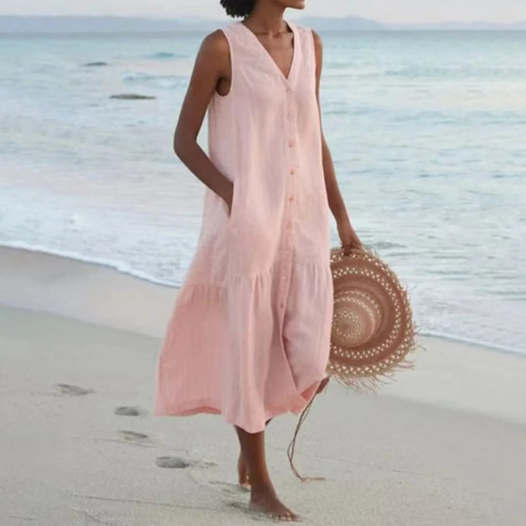 Loredana | Women's Summer V-Neck Midi Dress Replacement-The Yellow Prime