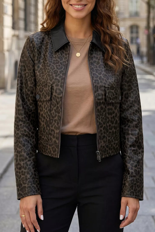 Women's Cropped Leopard Print Faux Leather Jacket with Utility Pockets