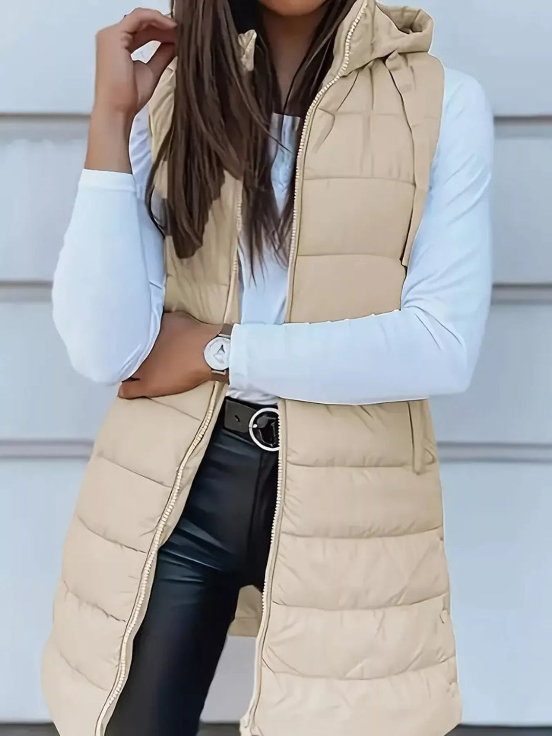 Gilet imbottito lungo con cappuccio da donna, con cerniera, taglie dalla S alla XXL