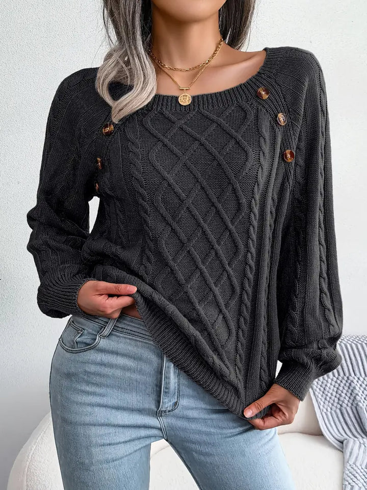 Women's Loose-Fitting Cable-Knit Sweater with Shoulder Buttons