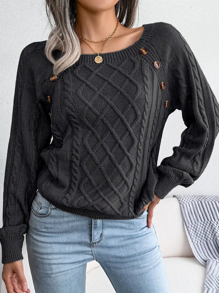 Women's Loose-Fitting Cable-Knit Sweater with Shoulder Buttons