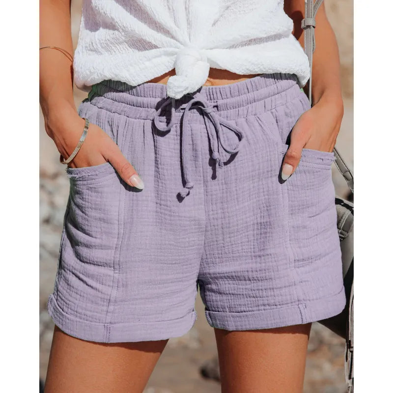Women's High Waist Casual Cotton Linen Shorts with Pockets-The Yellow Prime