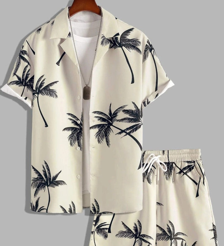Men's Tropical Print Summer Set, Lightweight Shirt and Shorts-The Yellow Prime