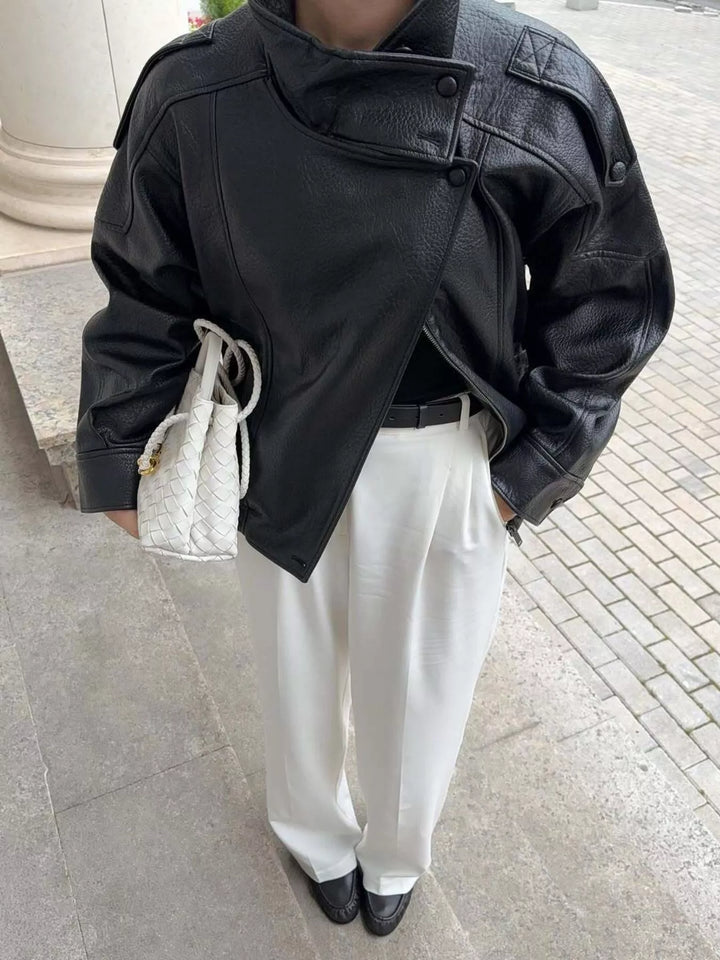 Casaco de motociclista em imitação de pele com bolsos, para senhora, tamanhos XS-L