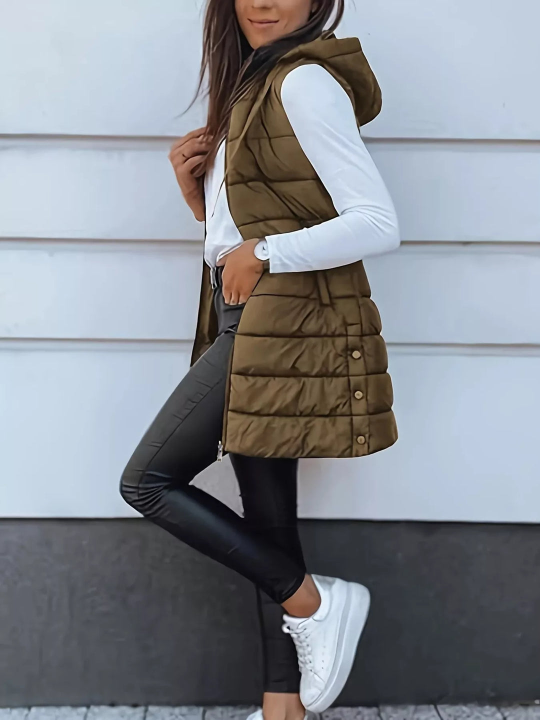 Gilet imbottito lungo con cappuccio da donna, con cerniera, taglie dalla S alla XXL