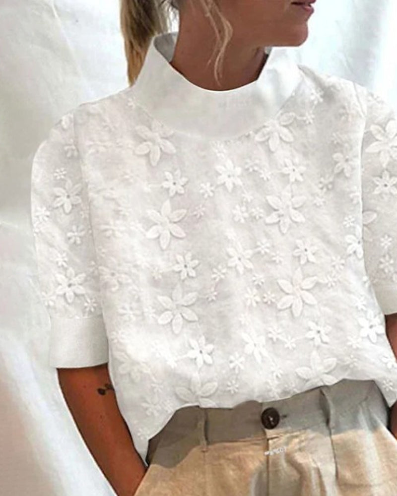 Women's Embroidered Solid-Colored Stand Collar Top-The Yellow Prime