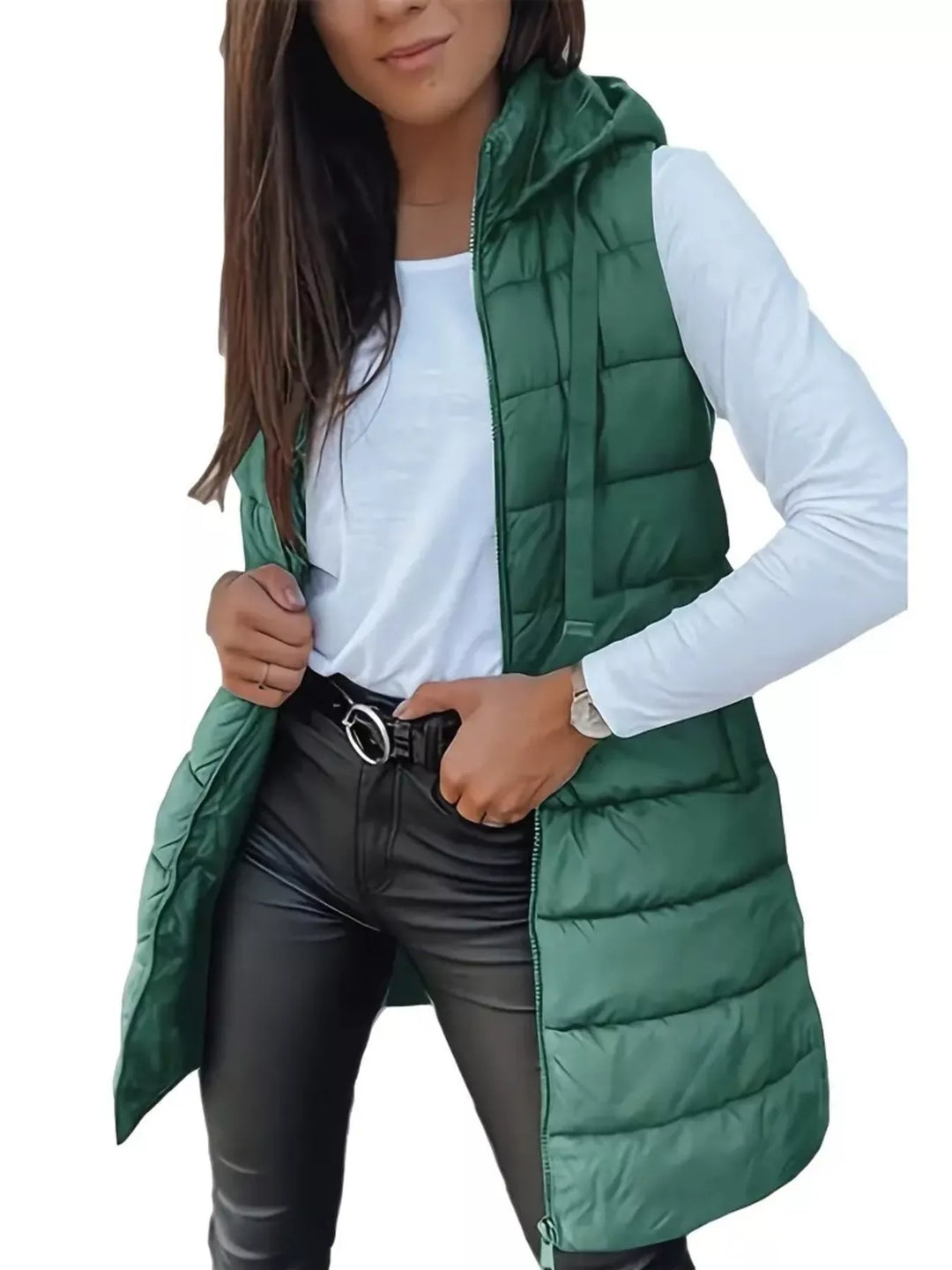 Gilet imbottito lungo con cappuccio da donna, con cerniera, taglie dalla S alla XXL