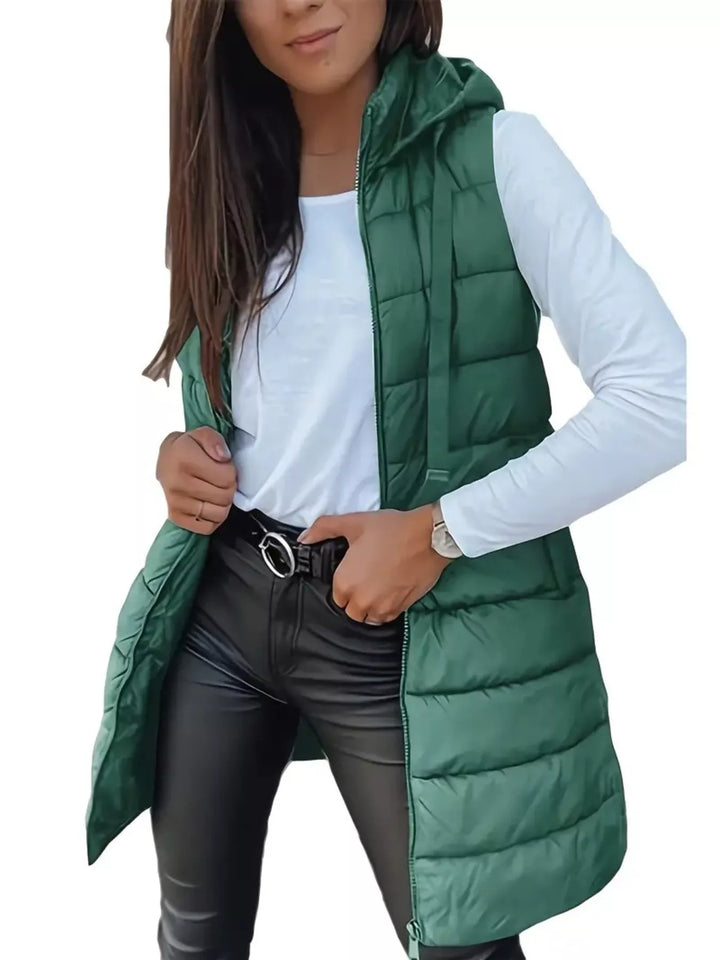 Gilet imbottito lungo con cappuccio da donna, con cerniera, taglie dalla S alla XXL