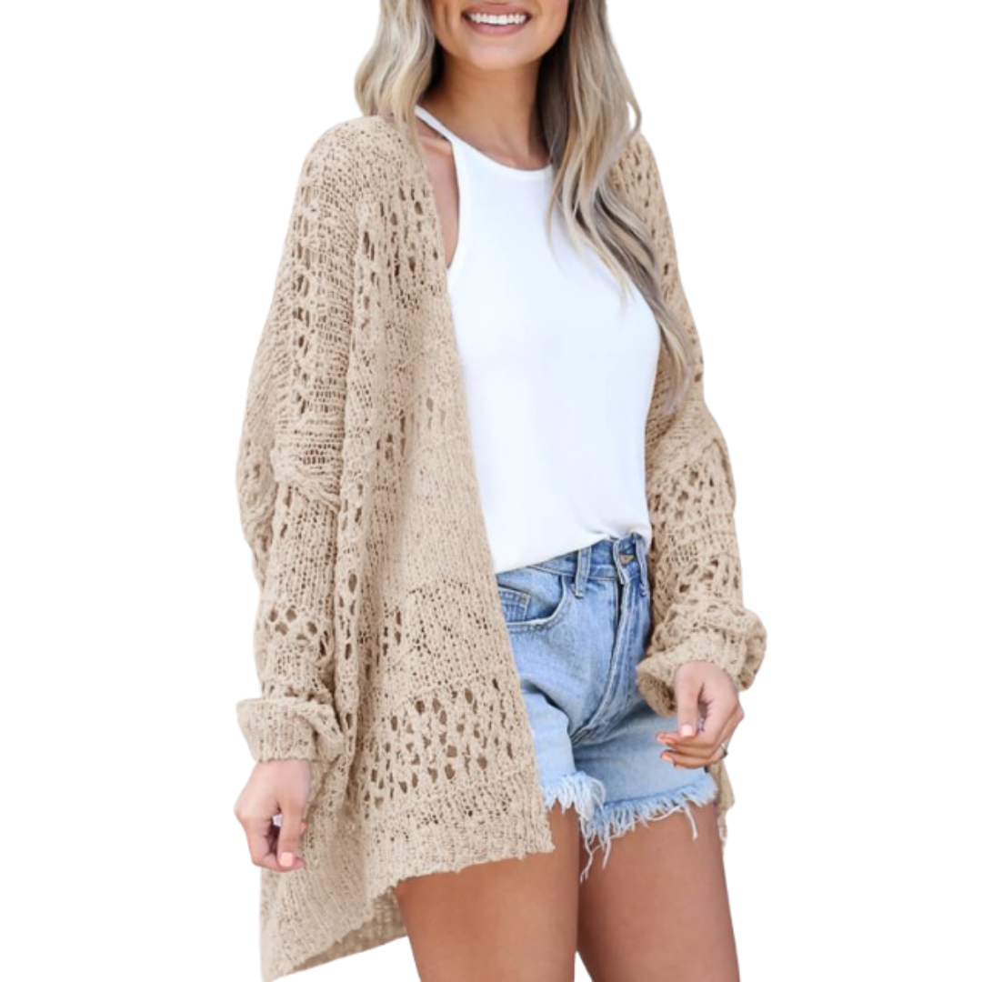 Casaco de malha oversized para mulher, em tecido leve de malha aberta