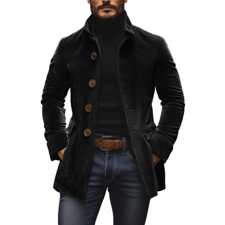 Men's Autumn Corduroy Coat with Mandarin Collar and Button Closure