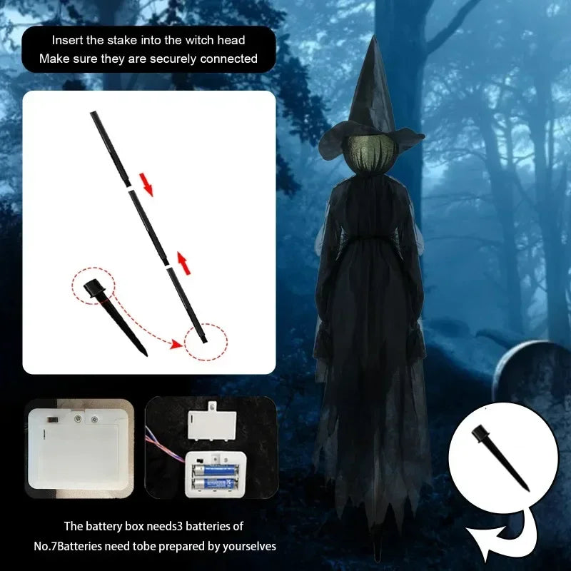 Halloween-lysende heksefigurer med lydsensorer og flakkende hoveder
