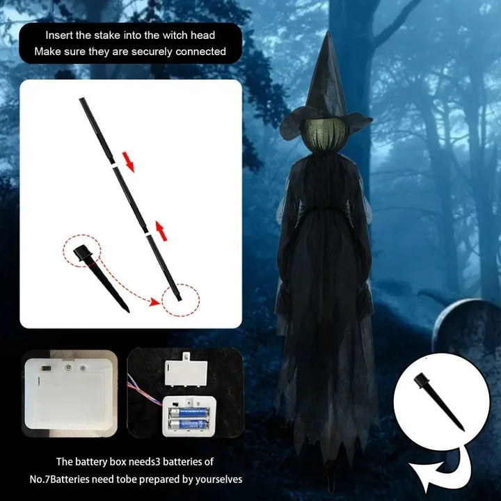 Halloween-lysende heksefigurer med lydsensorer og flakkende hoveder