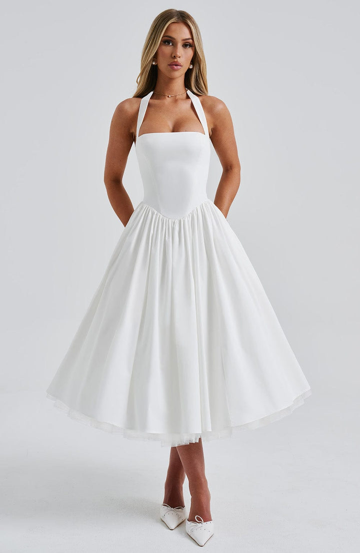 Alessia | Women's Halter Midi Dress for Wedding Guests-The Yellow Prime