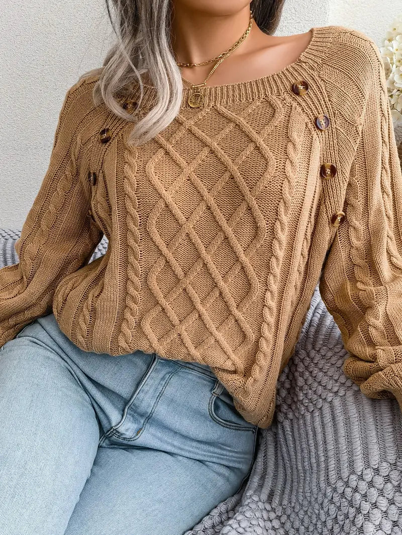 Women's Loose-Fitting Cable-Knit Sweater with Shoulder Buttons