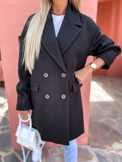 Casaco comprido de inverno para senhora, trespassado e com bolsos, tamanhos S-3xl