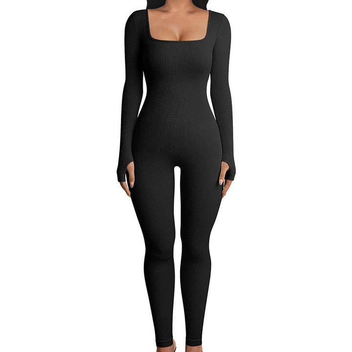 Women's Stretchy Long Sleeve Square Neck Ribbed Jumpsuit for Yoga-The Yellow Prime