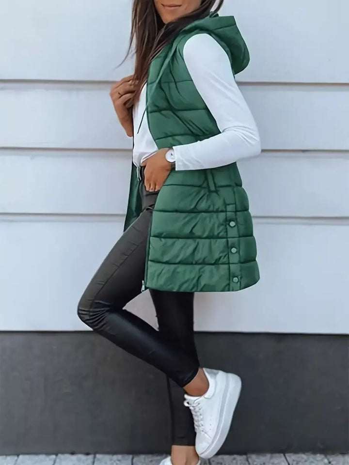 Gilet imbottito lungo con cappuccio da donna, con cerniera, taglie dalla S alla XXL