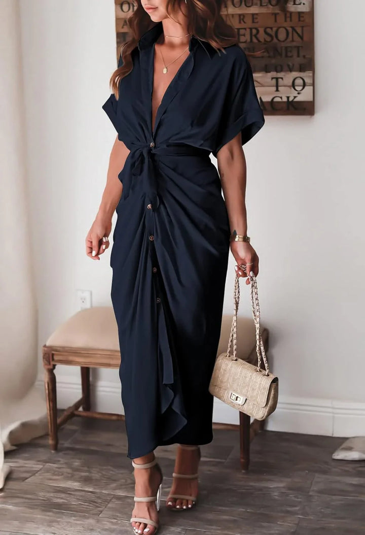 Women's Stylish Maxi Dress - Button-Front, Waist Tie, Draped Design-The Yellow Prime