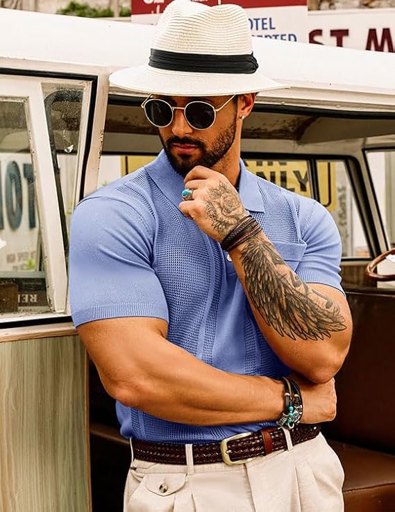 Men's Classic Knit Polo Shirt with Button-Up Design-The Yellow Prime