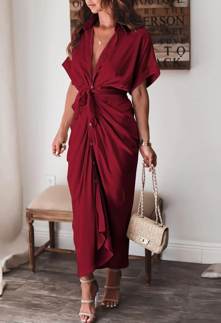 Women's Stylish Maxi Dress - Button-Front, Waist Tie, Draped Design-The Yellow Prime