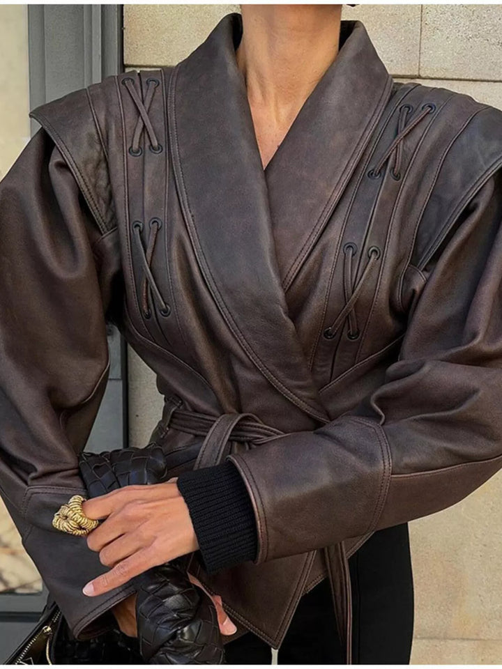 Women's Faux Leather Belted Coat with Shawl Collar, Mid-Thigh Length