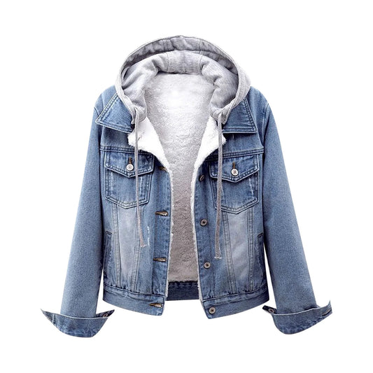 Women's Casual Denim Jacket with Detachable Hood - Trendy Fall Top