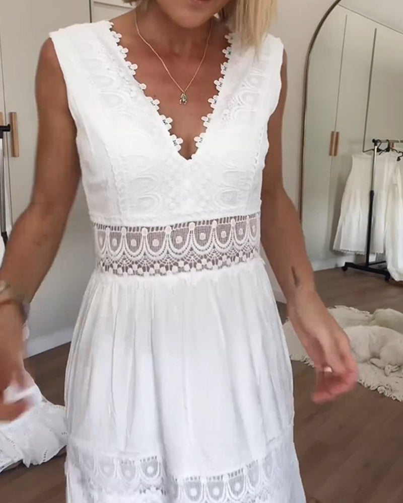 Sophia | Women's Elegant Midi Summer Dress with Lace V-Neck - Airy and Feminine-The Yellow Prime