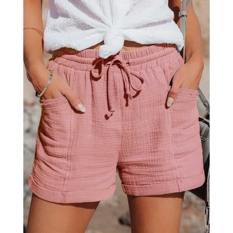 Women's High Waist Casual Cotton Linen Shorts with Pockets-The Yellow Prime