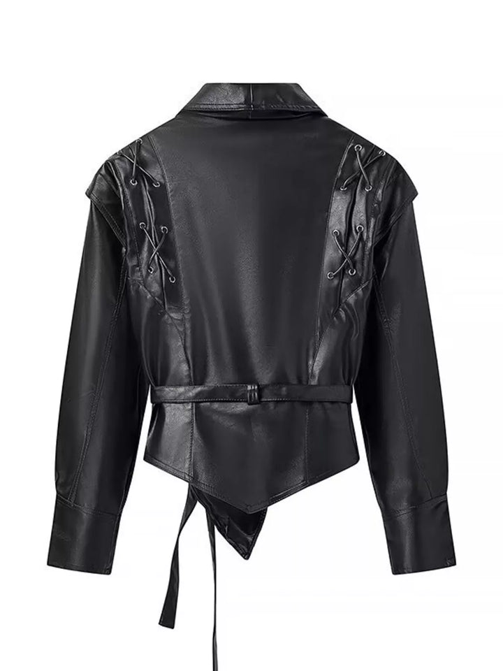 Women's Faux Leather Belted Coat with Shawl Collar, Mid-Thigh Length