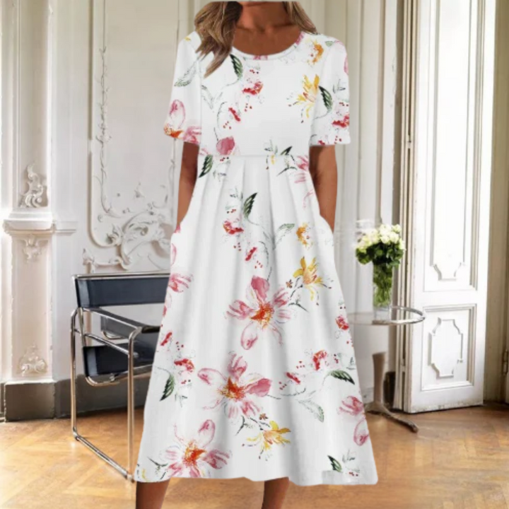Margaret | Women's Floral Midi Dress with Short Sleeves-The Yellow Prime