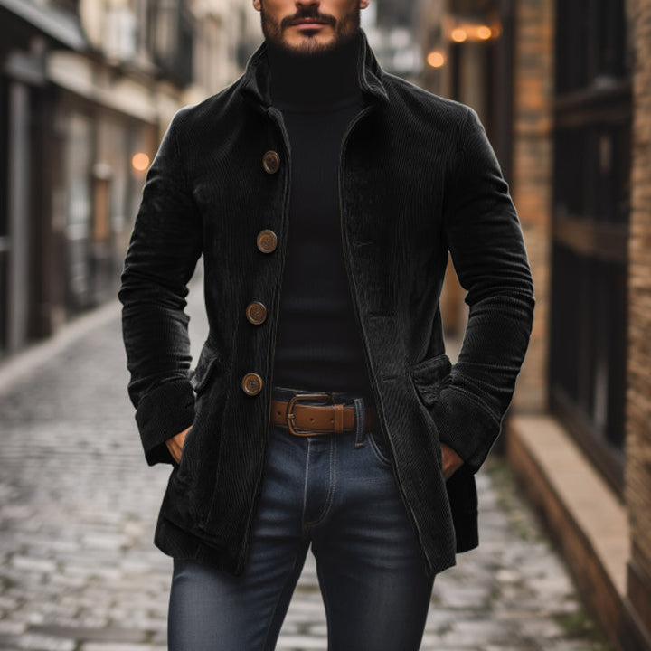 Men's Autumn Corduroy Coat with Mandarin Collar and Button Closure