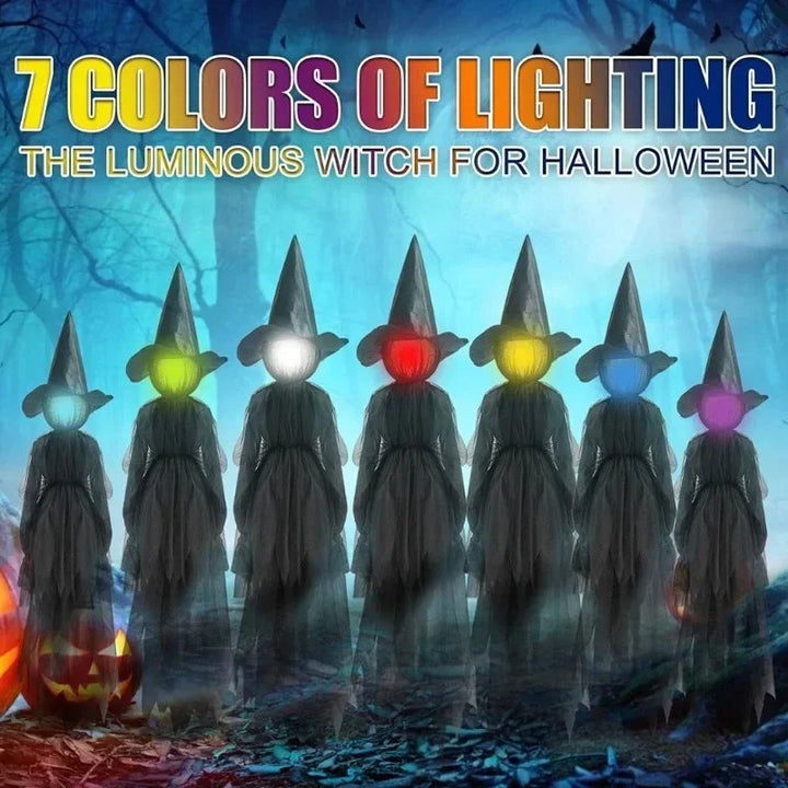 Halloween-lysende heksefigurer med lydsensorer og flakkende hoveder