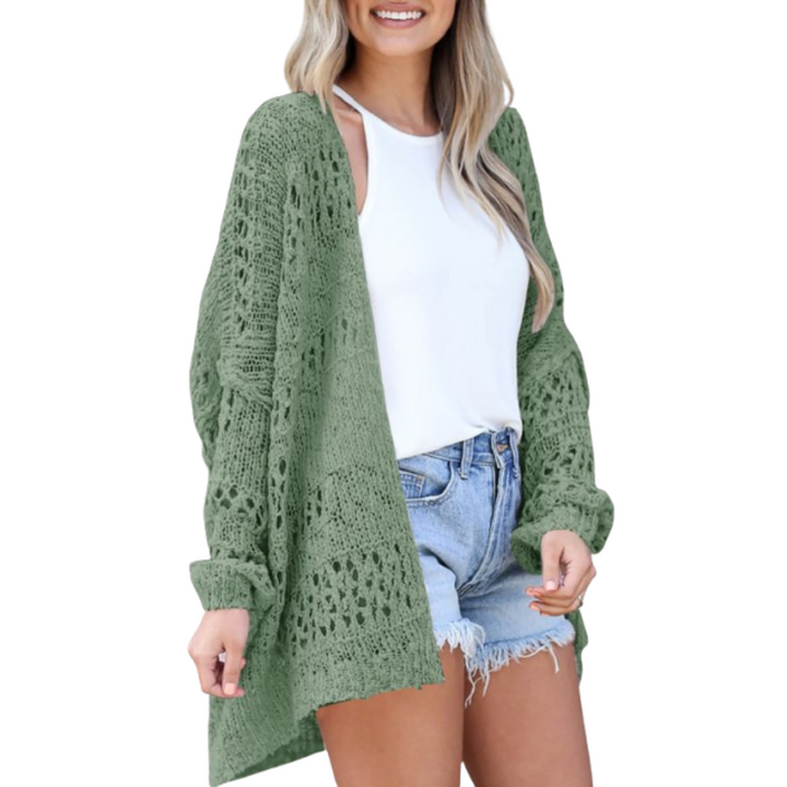 Casaco de malha oversized para mulher, em tecido leve de malha aberta