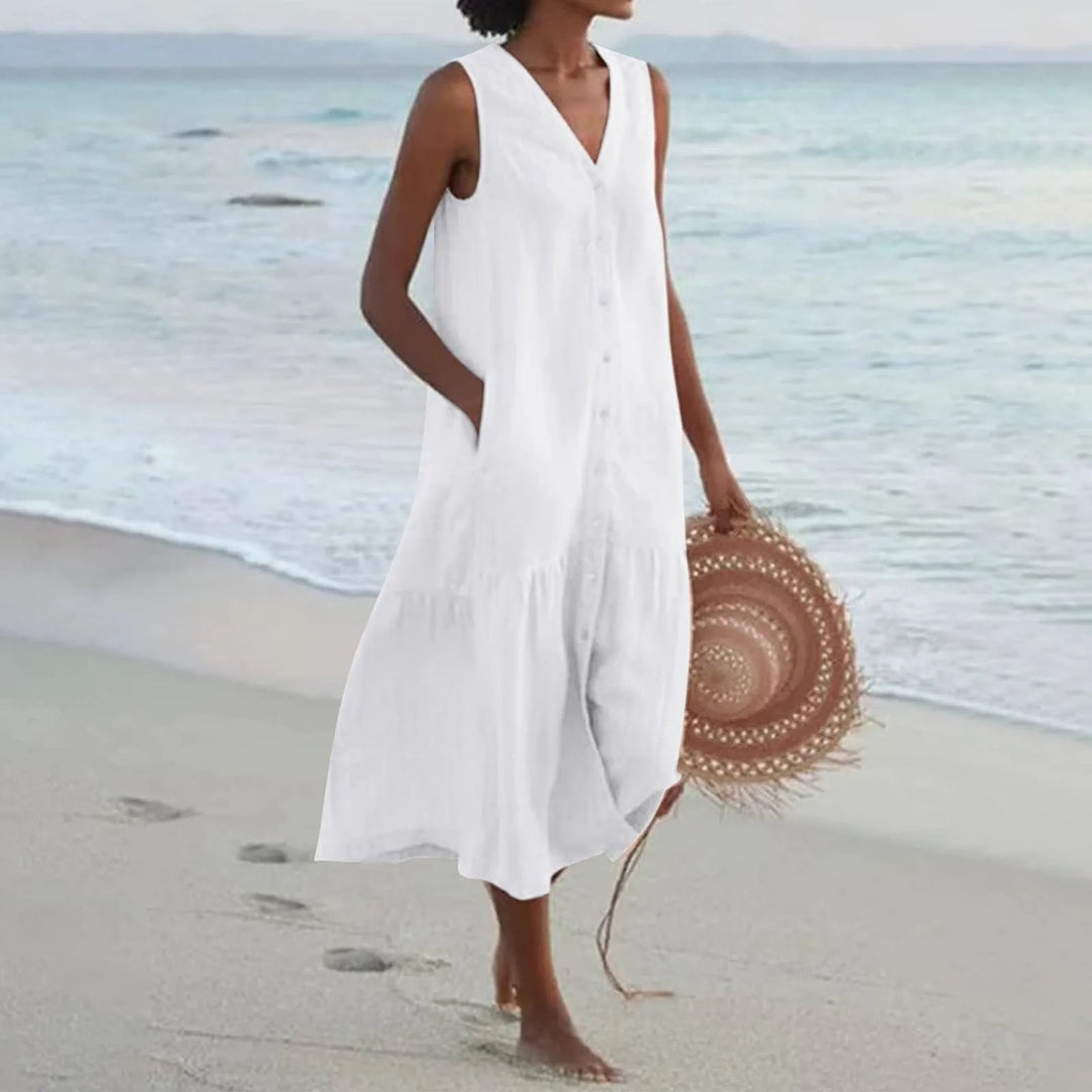 Loredana | Women's Summer V-Neck Midi Dress Replacement-The Yellow Prime