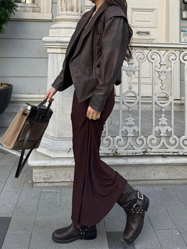 Women's Faux Leather Belted Coat with Shawl Collar, Mid-Thigh Length