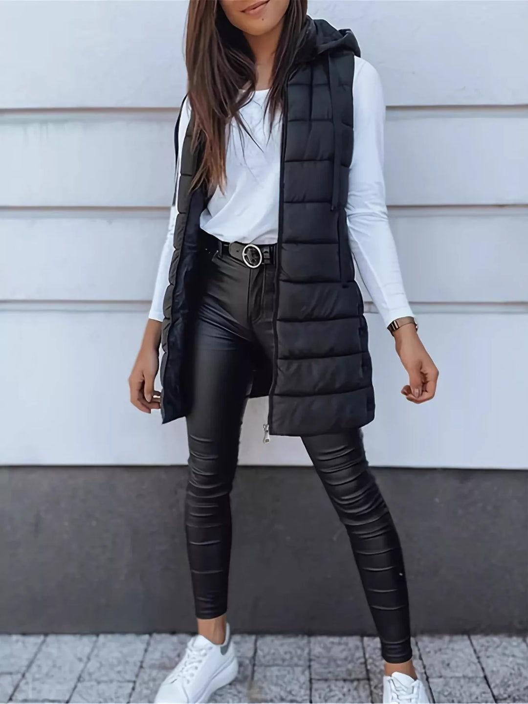 Gilet imbottito lungo con cappuccio da donna, con cerniera, taglie dalla S alla XXL