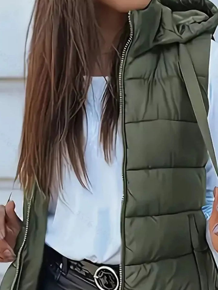 Gilet imbottito lungo con cappuccio da donna, con cerniera, taglie dalla S alla XXL