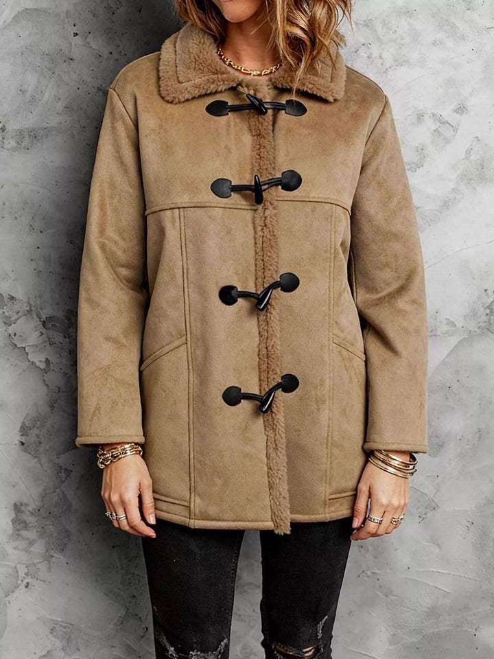 Women's Faux Suede Sherpa Coat with Toggle Front, Sizes S to XL