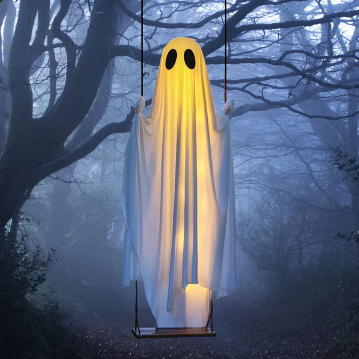 Buitenschommel met spook voor Halloween, met verlichting en houten zitje