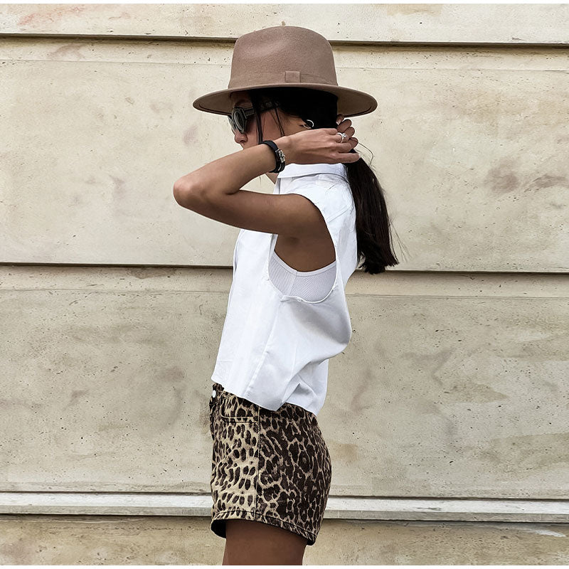 Women's Denim Leopard Print Shorts-The Yellow Prime