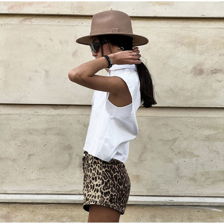 Women's Denim Leopard Print Shorts-The Yellow Prime
