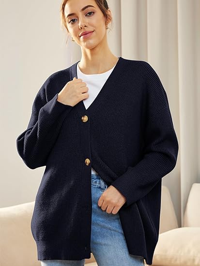 Women's Oversized V-Neck Cardigan with Button Closure