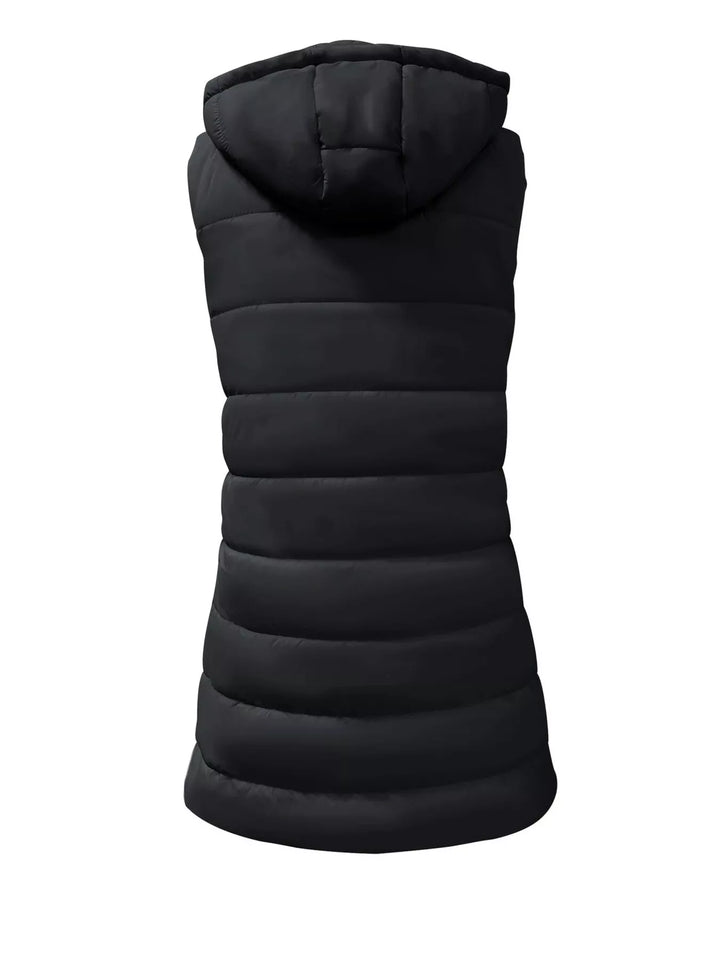 Gilet imbottito lungo con cappuccio da donna, con cerniera, taglie dalla S alla XXL